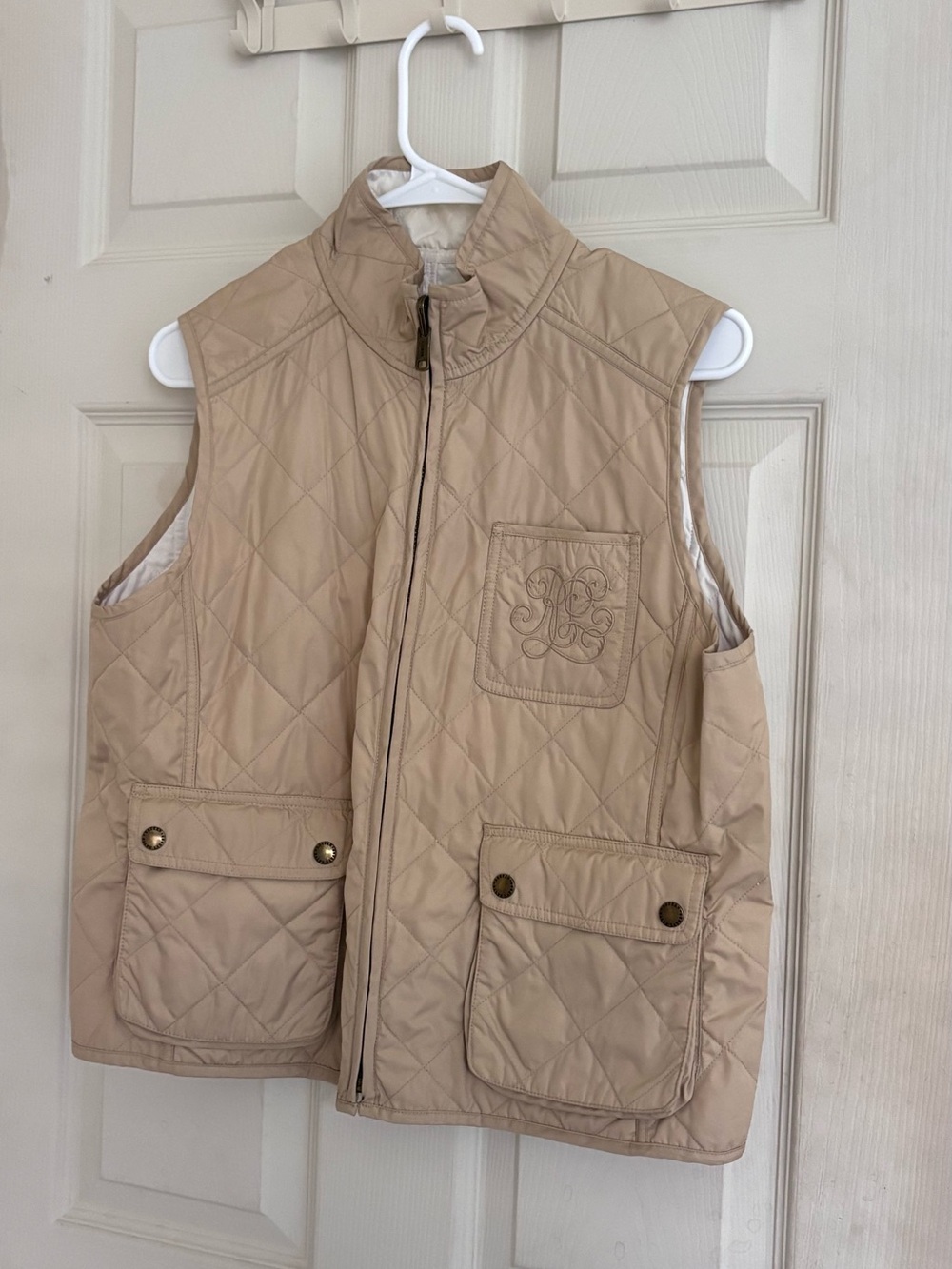 Ralph Lauren Women’s Beige Reversible Quilted Vest Embroidered Logo